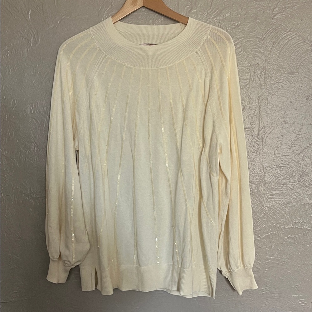 Belle by Kim Gravel Cream Crew Neck Sweater w/Subtle Sequin Detail Sz L fits XL